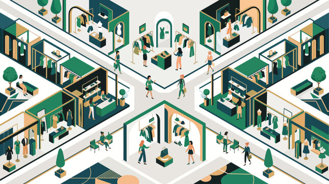 Isometric illustration of a bustling shopping mall with diverse stores and shoppers interacting.