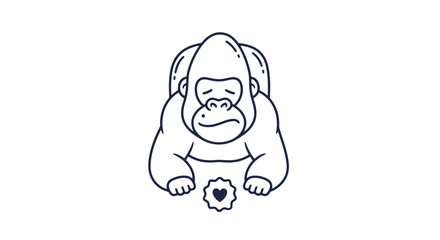Gorilla with flower illustration black and white. © Boki