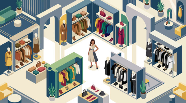 Isometric view of a modern clothing boutique with a woman standing in the center, showcasing fashion displays.