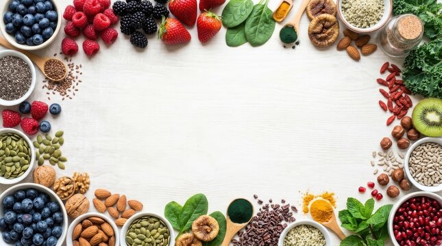 A vibrant assortment of fresh berries, seeds, nuts, and greens is arranged in a decorative border on a white wooden table.