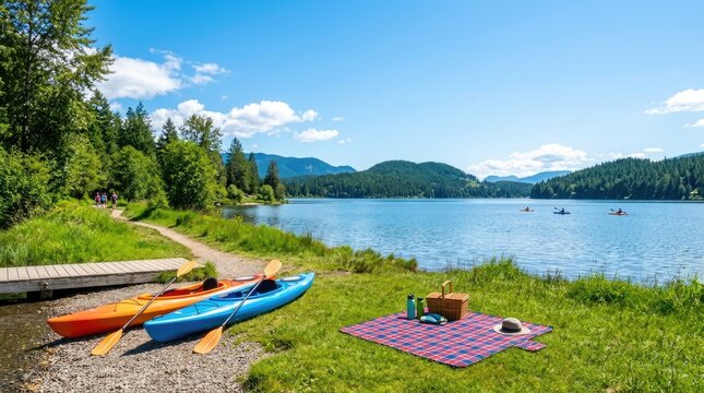 Several kayaks and paddles rest on a grassy bank beside a calm lake. A checkered picnic blanket and a picnic basket are spread out on the grass.