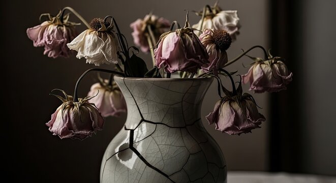 A ceramic vase holds a cluster of withered roses. The flowers are drooping and their petals are brown and dry.