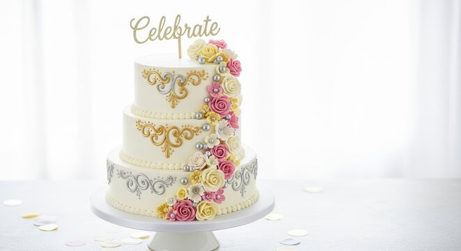 A beautifully decorated three-tiered wedding cake sits on a white cake stand. The cake is adorned with delicate floral designs in shades of pink, yellow, and peach, and embellished with pearls.