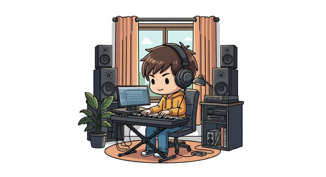 Chibi male musician wearing headphones playing MIDI keyboard controller in home recording studio setup with speakers, computer monitor, audio gear, and indoor plant illustration.