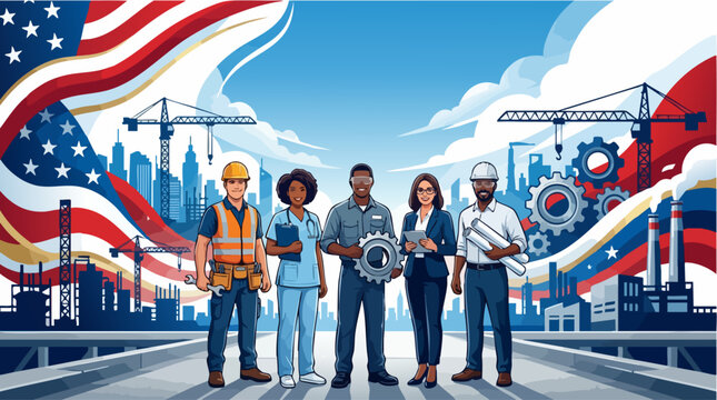 American labor force and essential workers illustration, diverse professional team with USA flag, industrial construction and healthcare career concept