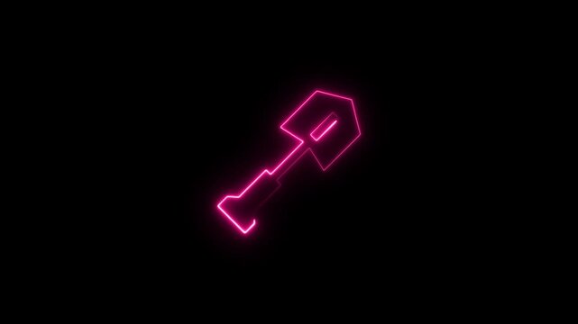 neon glowing shovel icon animation on black background gardening digging and construction tool symbol 4k motion graphic