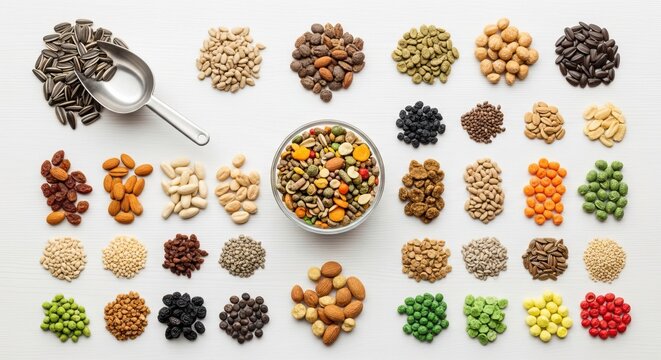 A variety of seeds are arranged on a white surface. A metal scoop holds sunflower seeds, while a bowl contains a mix of various seeds and grains.