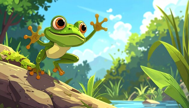 A cartoon frog jumping on a rock.