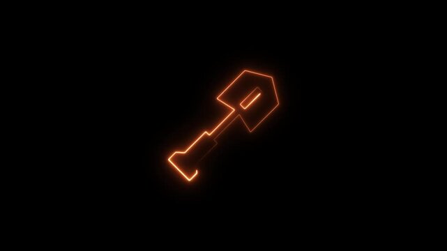 neon glowing shovel icon animation on black background gardening digging and construction tool symbol 4k motion graphic