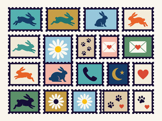 Obraz premium Vintage Style Postage Stamp Set with Rabbit, Flower, and Heart Icons