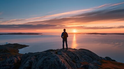 Fototapeta premium Adventure Traveler Taking Selfie on Mountain Ridge Landscape