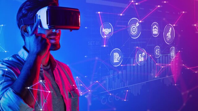 A person interacts with a virtual reality headset surrounded by virtual data symbols and futuristic designs, evoking modern technology and immersive experiences. Raster