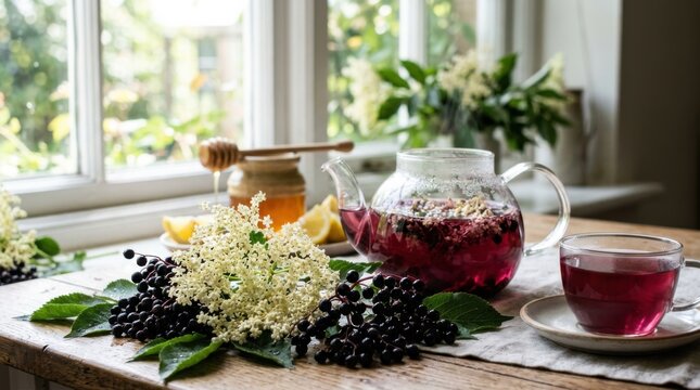 Focus on crisp elderberry blossoms and dark ripe berries with a small teapot of infused tea illuminated by soft natural window light lemon wedges and honey dipper subtly out
