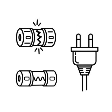 Black and white line of electrical fuses and a power plug on a white background, for technical and, industrial projects