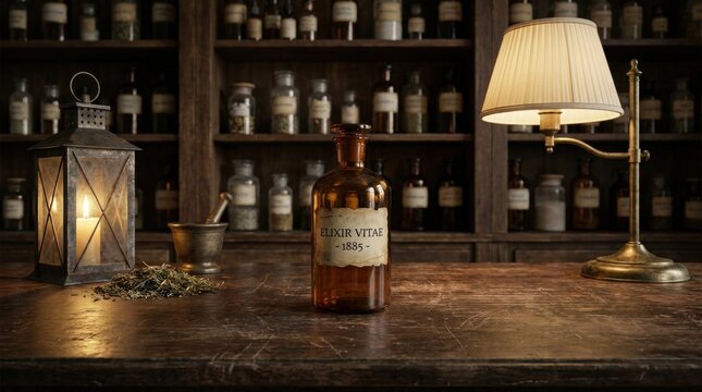 Vintage apothecary bottle on wooden table with lamp