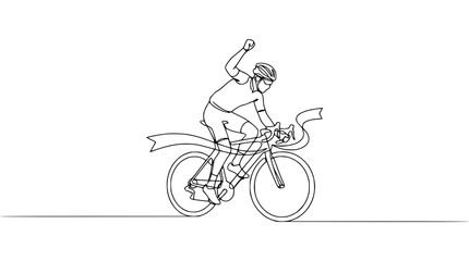 Cyclist crossing finish line, raised fist, celebrating victory, minimalist line art © Vector