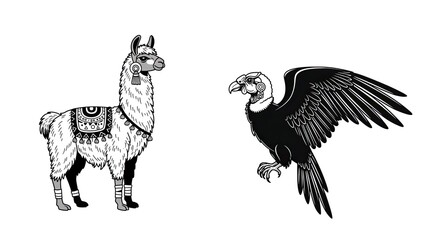 Obraz premium An illustration of a llama standing next to a flying eagle.