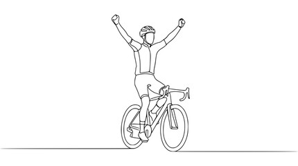 Fototapeta premium Cyclist celebrating victory with arms raised on bicycle, continuous line drawing