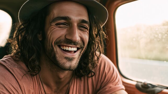 Confident Man Smiling in Car While Sitting in Driver Seat