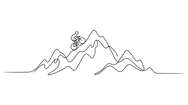 Minimalist single line drawing of a cyclist on a mountain peak, abstract adventure concept