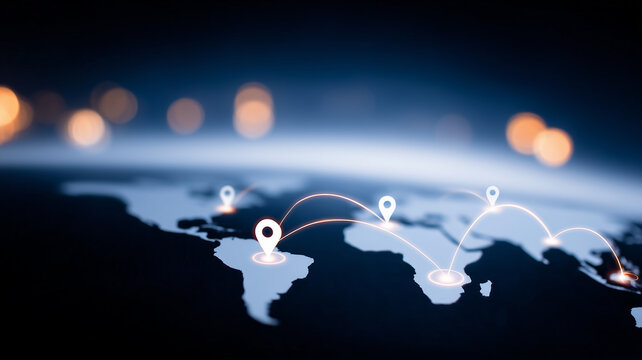 World map with location pins and connection routes, symbolizing global logistics, network coverage, and international communication.
