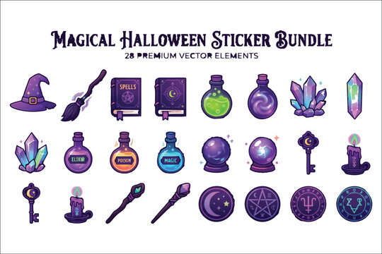 Magical halloween sticker bundle with 28 purple vector elements