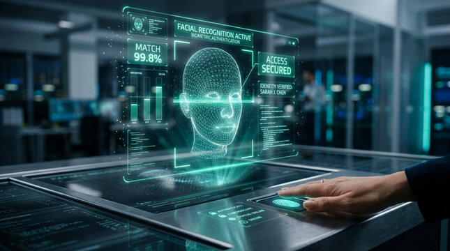 Biometric facial recognition system interface showing a 3D wireframe head scan, identity verification data, and 99.8% match rate, with a person's hand using a fingerprint scanner.