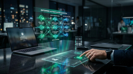 Obraz premium Man interacting with holographic interface for Enterprise Authentication Ecosystem showing Zero Trust Policies, SSO, and MFA via biometric fingerprint scan in dark office environment.