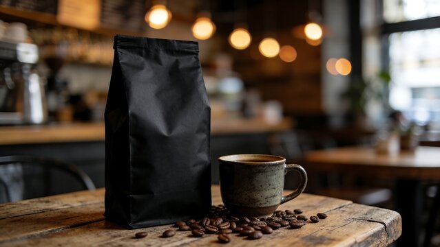 Black Matte Coffee Pouch Mockup and Ceramic Mug on Wooden Table in Cafe Background