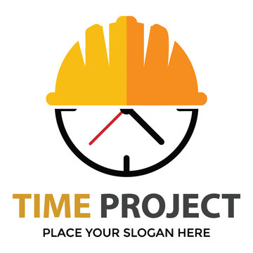 Construction time management project logo with hard hat and clock icon