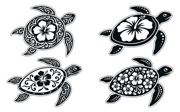 Four black and white stylized sea turtles adorned with hibiscus flowers and tribal patterns in a graphic illustration tattoo ornamental marine animal ocean creature wildlife