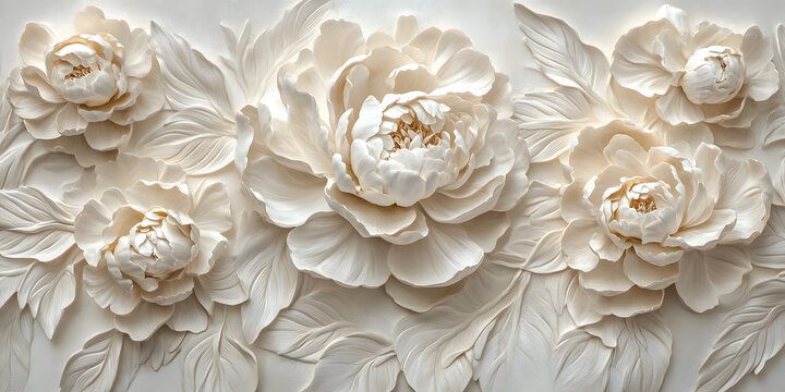 White peony flowers and leaves on white background