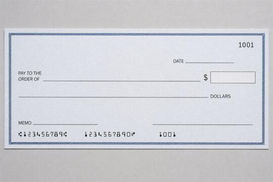 Blank check on neutral background with empty payee amount memo and signature lines for finance payment banking accounting payroll budgeting and business paperwork concepts for secure transactions