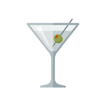 A sleek martini glass holds a single olive on a toothpick