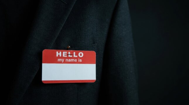 Name tag on a black suit with 'hello my name is' label