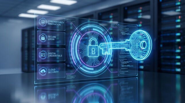 Cybersecurity innovation and secure login interface with digital credentials and cloud security icon in data center server room