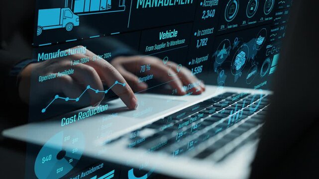 A business professional works on a laptop featuring an advanced analytics dashboard. The screen displays warehouse and logistics management graphics for effective operation. Cipher