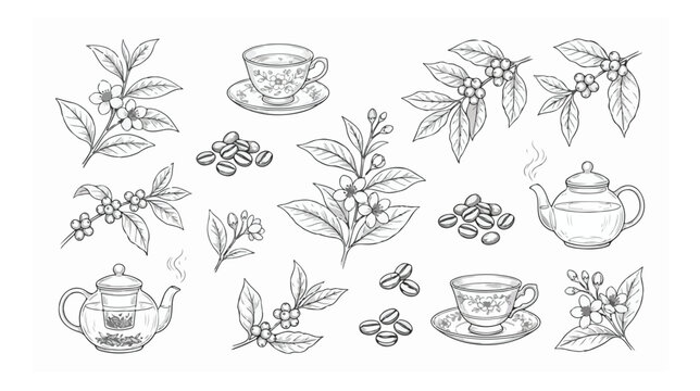 Vintage botanical tea and coffee line art set, hand drawn tea leaves and coffee beans vector, floral herbal tea illustrations for cafe branding