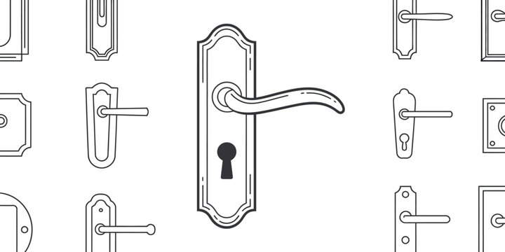 Vector collection of 40 door handles, handle sets, knobs and locks, door hardware designs, home improvement.