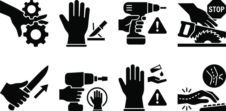 Industrial safety icons and hand injury hazard warnings vector silhouette set isolated on white background