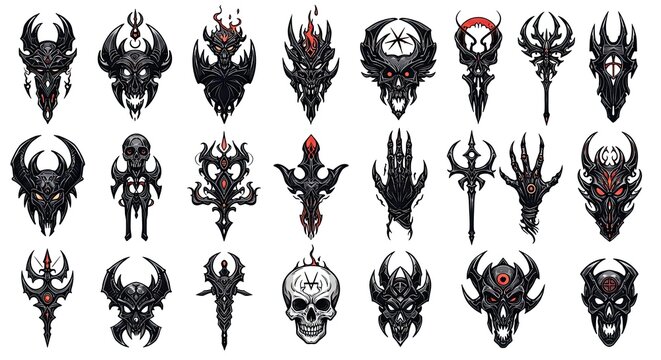 Dark fantasy creatures and skulls are displayed in a horror-themed illustration.