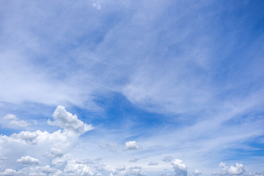 Clear Blue Sky with Soft White Clouds and Bright Natural Daylight Background, Beautiful Clear Blue Sky with Soft White Clouds and Ample Copy Space
Clear blue sky with soft white clouds on a bright sun