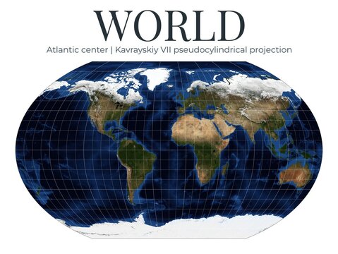 World Map in Kavrayskiy VII pseudocylindrical projection. Atlantic center, detailed physical representation. Low-distortion thematic mapping. April View. Elements of this image furnished by NASA.