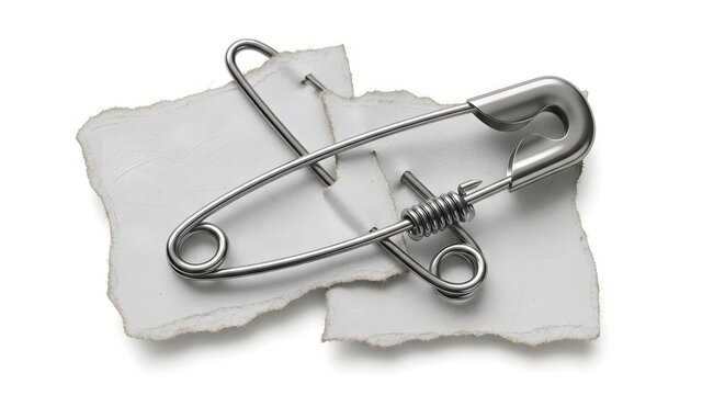 Silver safety pin on torn paper background