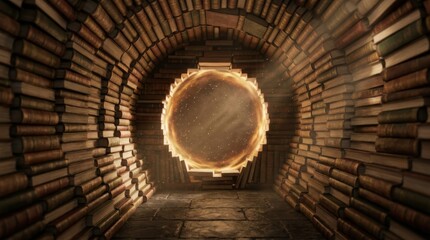Naklejka premium Medium shot of a minimalist 3D antique bookstore tunnel with stacked hardcover books glowing softly as a knowledge portal forms surrounded by floating dust motes in warm volumetric