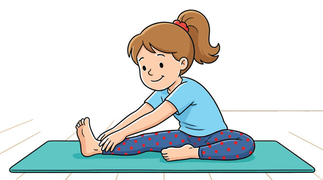 Girlfriend stretches her hamstrings while sitting on a colorful exercise mat to improve her physical flexibility during a morning workout.