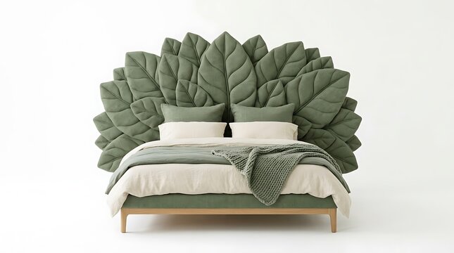 Modern green bed with leaf shaped headboard and natural wooden frame.