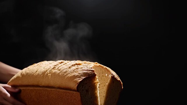 Midframe steaming loaf of bread in dark kitchen
