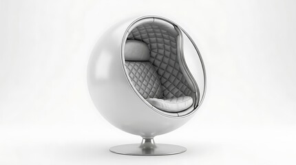 Naklejka premium Futuristic white egg chair with quilted gray upholstery.