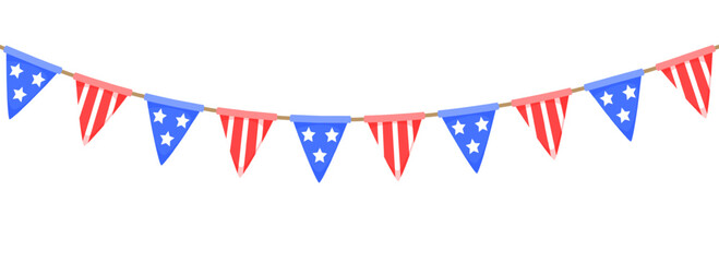Obraz premium USA flag garland chain. American flags pennon string decoration for Independence day banner, July 4 party poster. Triangle pennants with stripes and stars. White, blue, red bunting decor. Vector
